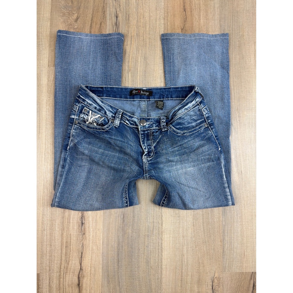 Love Indigo Women Low Rise Bootcut Jeans Blue Embroidered Y2K Size 6 Flap Pocket
